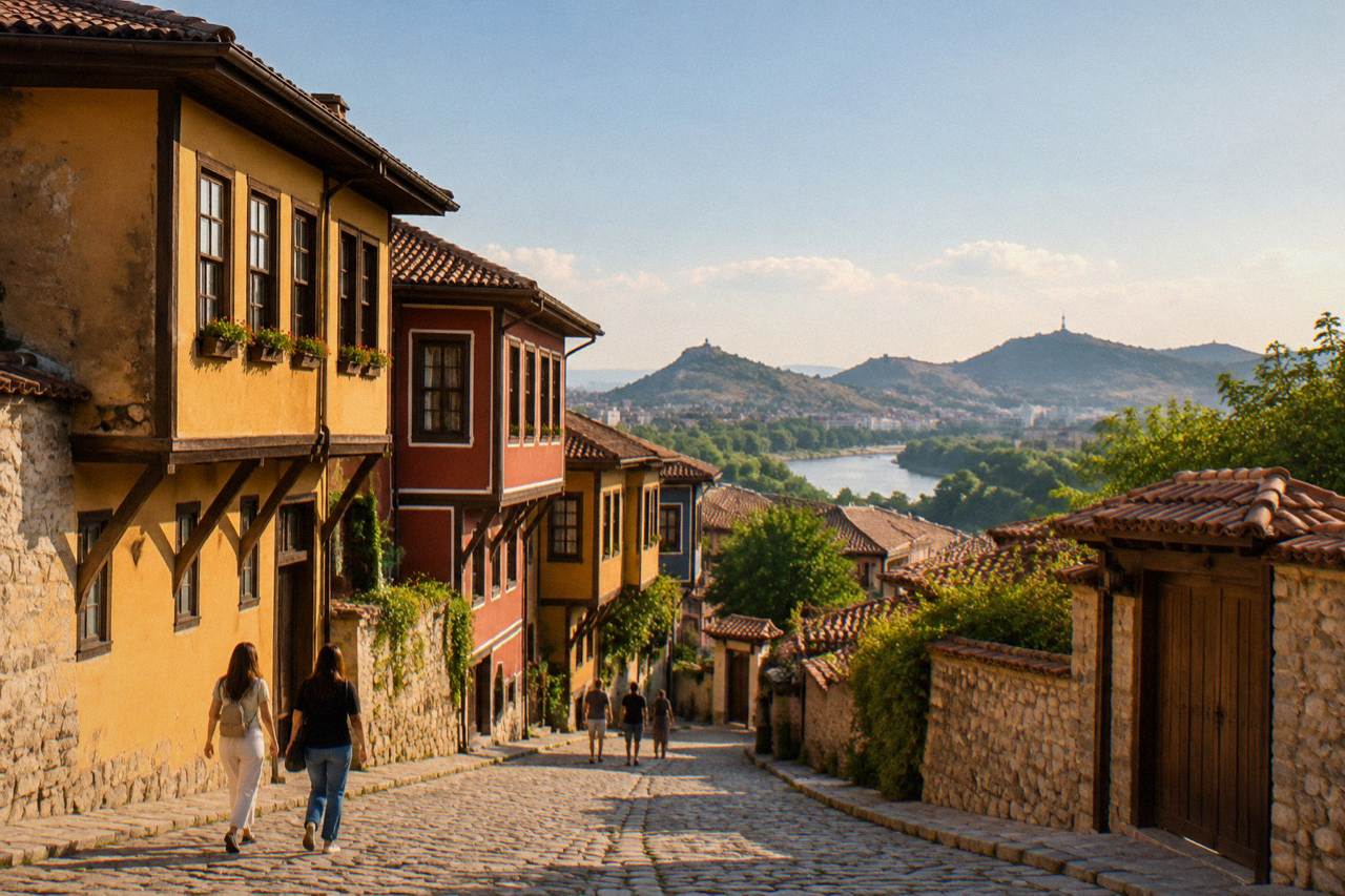Visitors walking along a cobbled street of colourful revival-era houses in Plovdiv Old Town