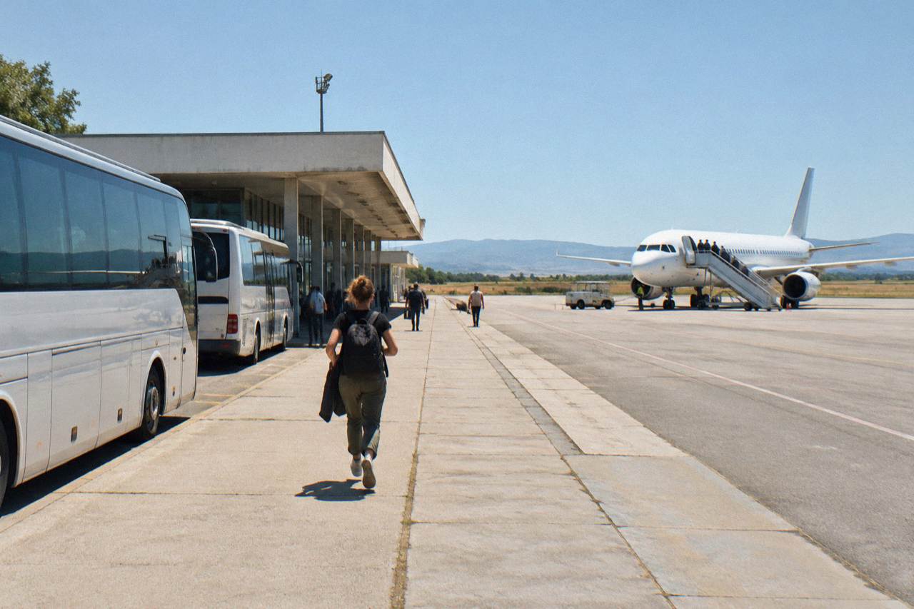 A small regional airport terminal with a passenger aircraft parked at the gate under a clear sky