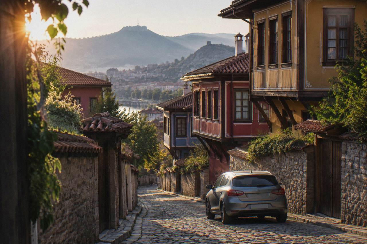 A rental car parked on a cobbled street in Plovdiv with colourful old houses on the hillside behind it