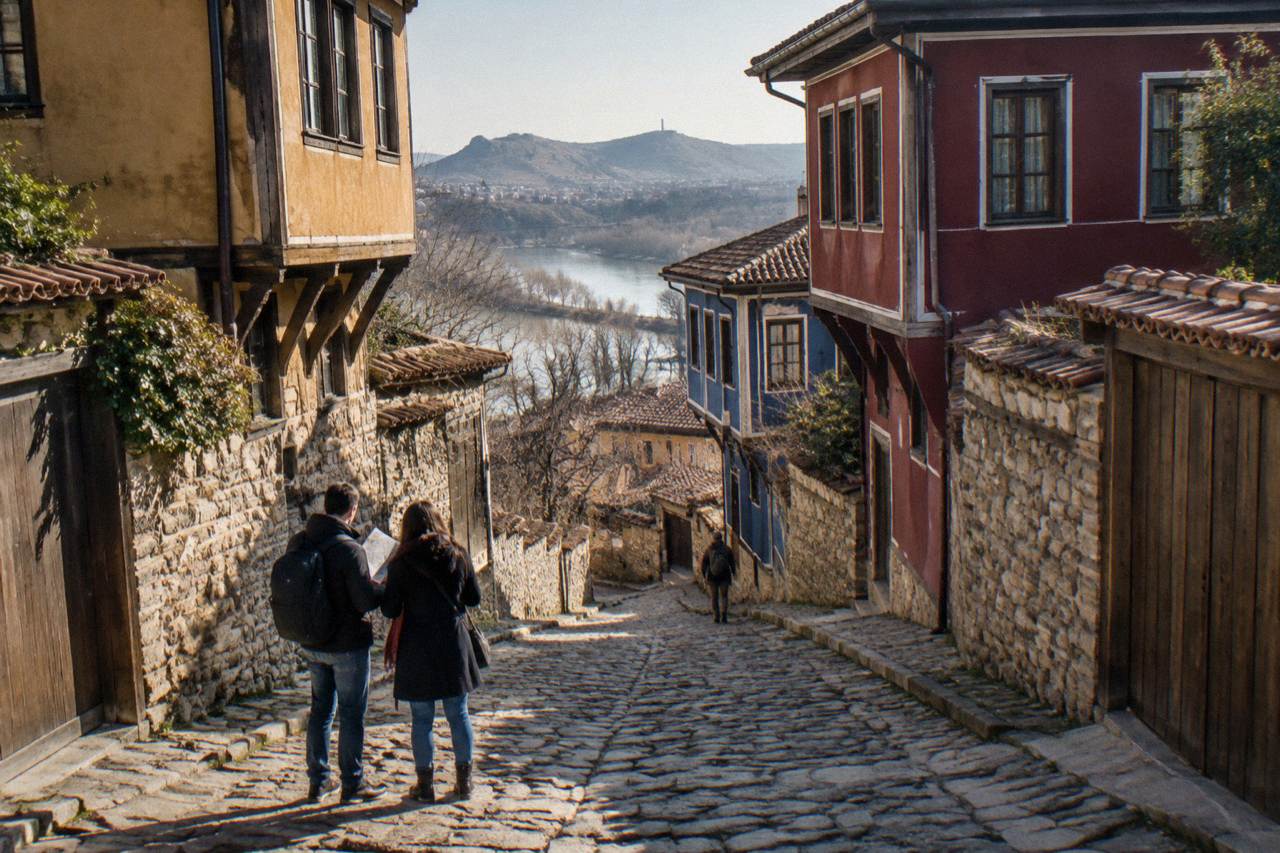Visitors reading a bilingual street sign on a cobbled lane in Plovdiv Old Town