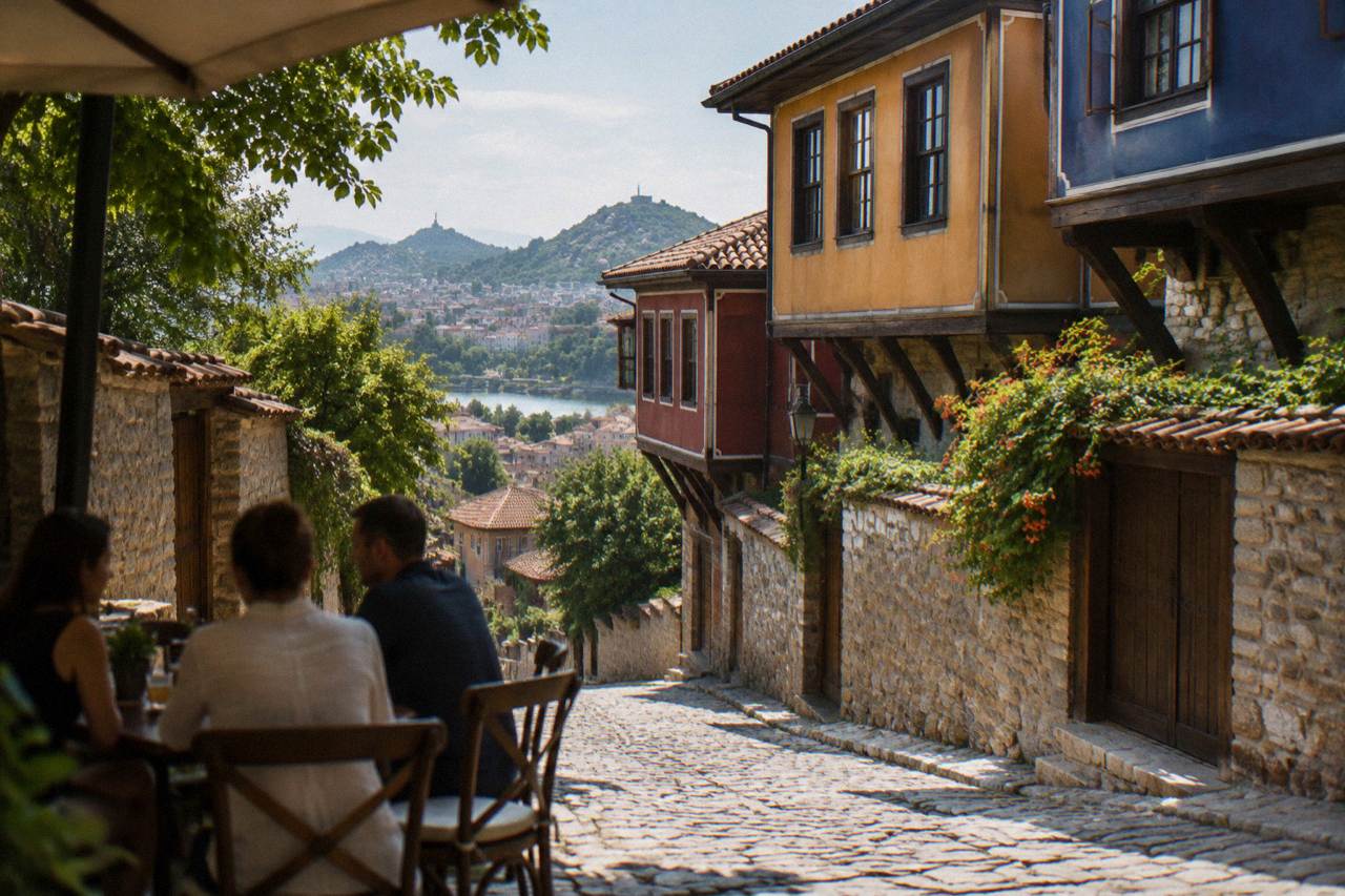 People chatting at an outdoor cafe table on a cobbled street in Plovdiv