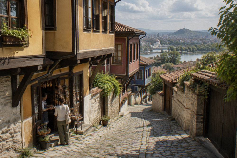 A shopkeeper greeting a customer at the door of a small craft shop in Plovdiv