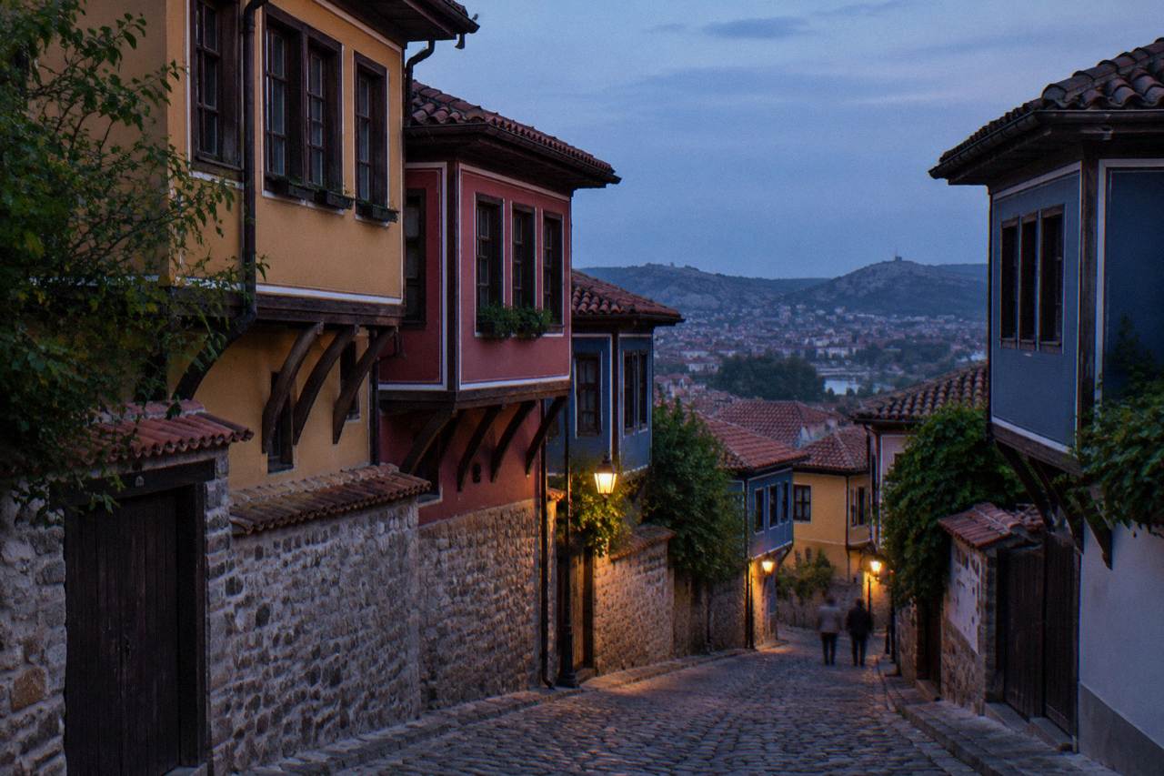 Colourful Revival-era houses on a cobbled street in Plovdiv Old Town under an evening sky
