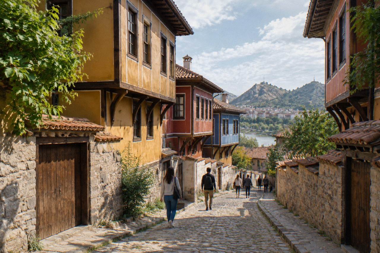 People walking along a cobbled street of Plovdiv Old Town in daylight