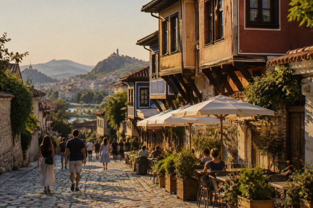 Visitors walking past cafe tables on the pedestrian Main Street in central Plovdiv