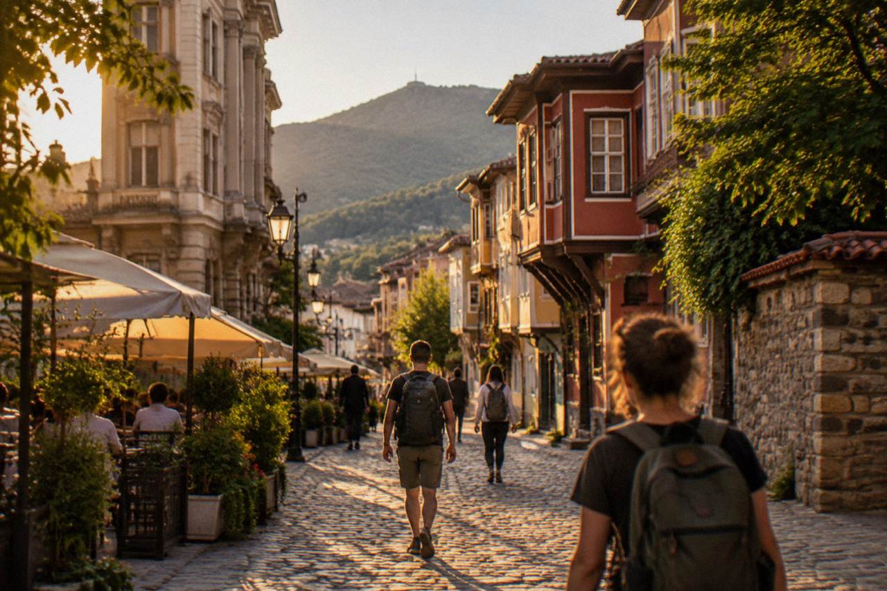 Travelers with backpacks walking a cobbled old city street lined with colorful revival-era houses