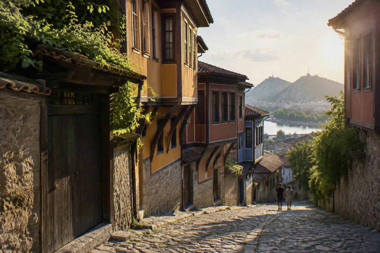 Cobbled street in Plovdiv Old Town with colourful revival-era houses on a sunny afternoon