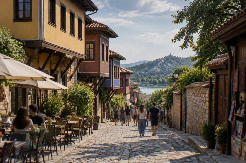 Visitors strolling along Plovdiv Main Street with cafe tables and shopfronts on both sides