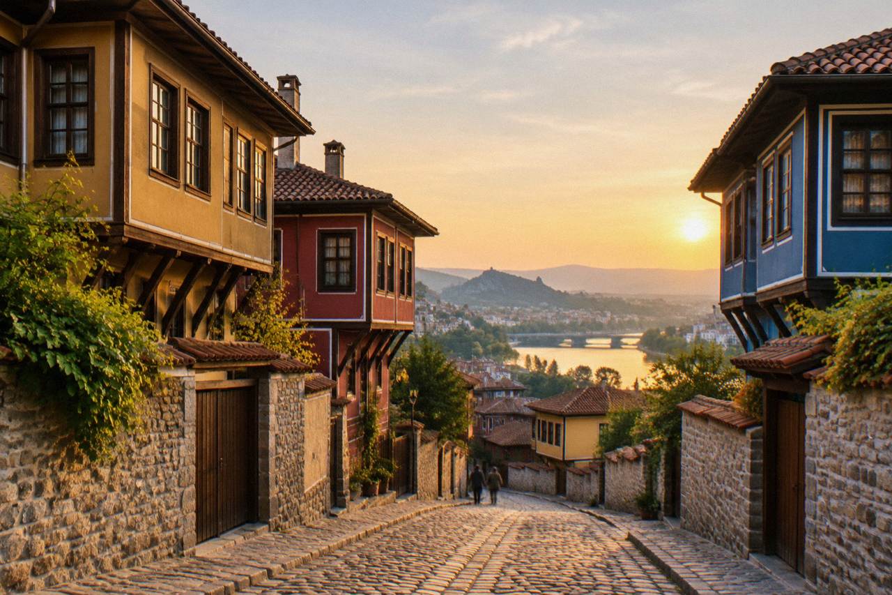 Colourful Bulgarian Revival houses on a cobbled Plovdiv Old Town street at golden hour