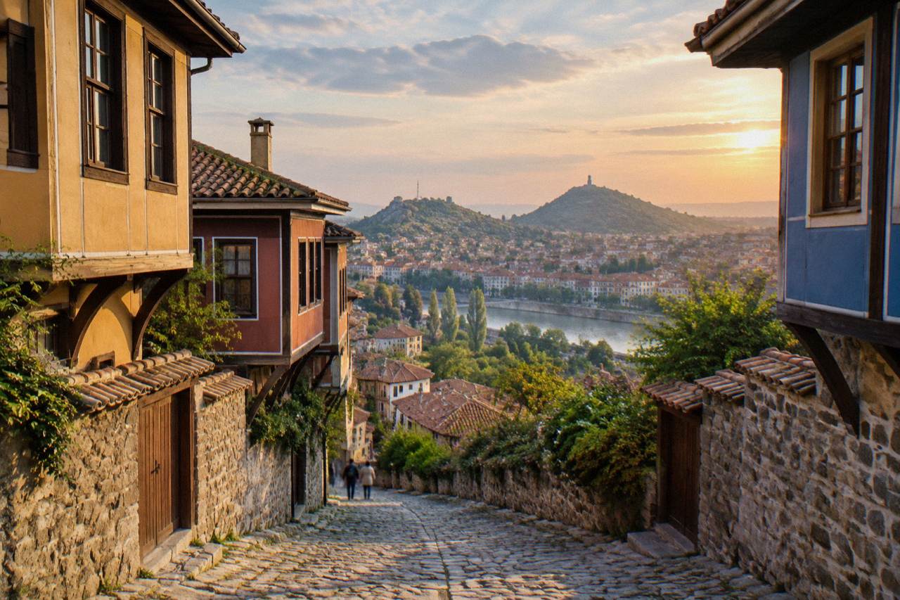 Rooftops of Plovdiv Old Town spreading across the hills under an evening sky