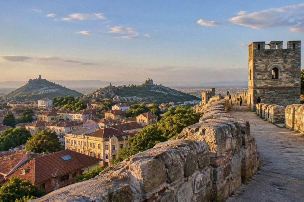 Ancient stone fortification walls of Nebet Tepe overlooking the rooftops of Plovdiv at golden hour