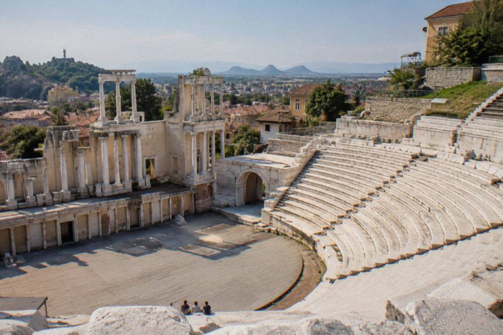 Marble seating rows of the Ancient Theatre of Philippopolis seen from the stage
