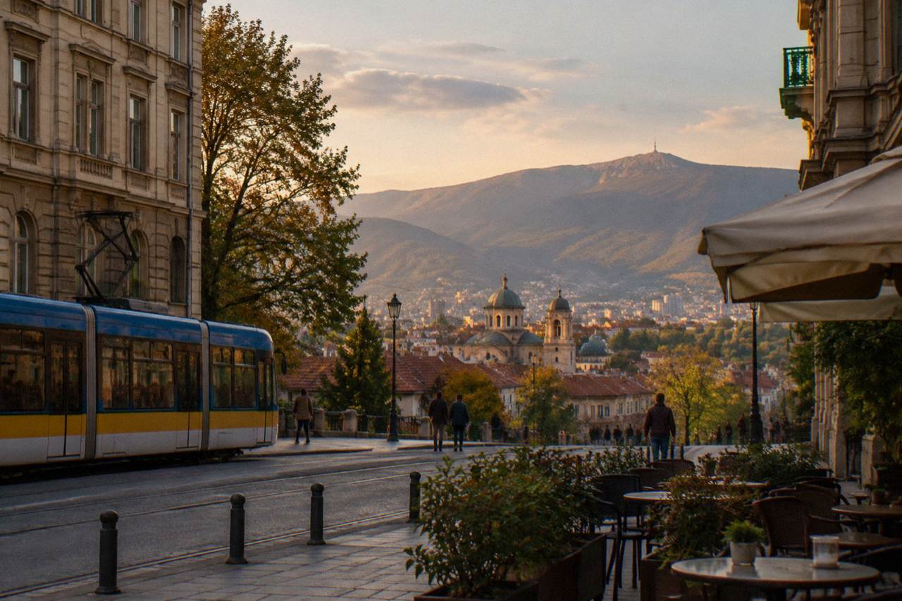 A view over red rooftops and domed buildings toward a mountain backdrop at golden hour