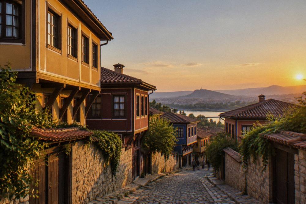 Narrow cobbled street lined with colourful revival-era houses in an old town