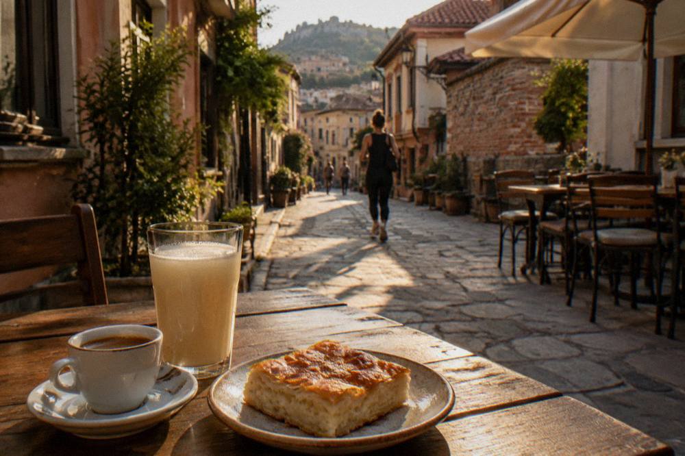 A small cup of espresso and a glass of boza beside a slice of banitsa on a wooden table
