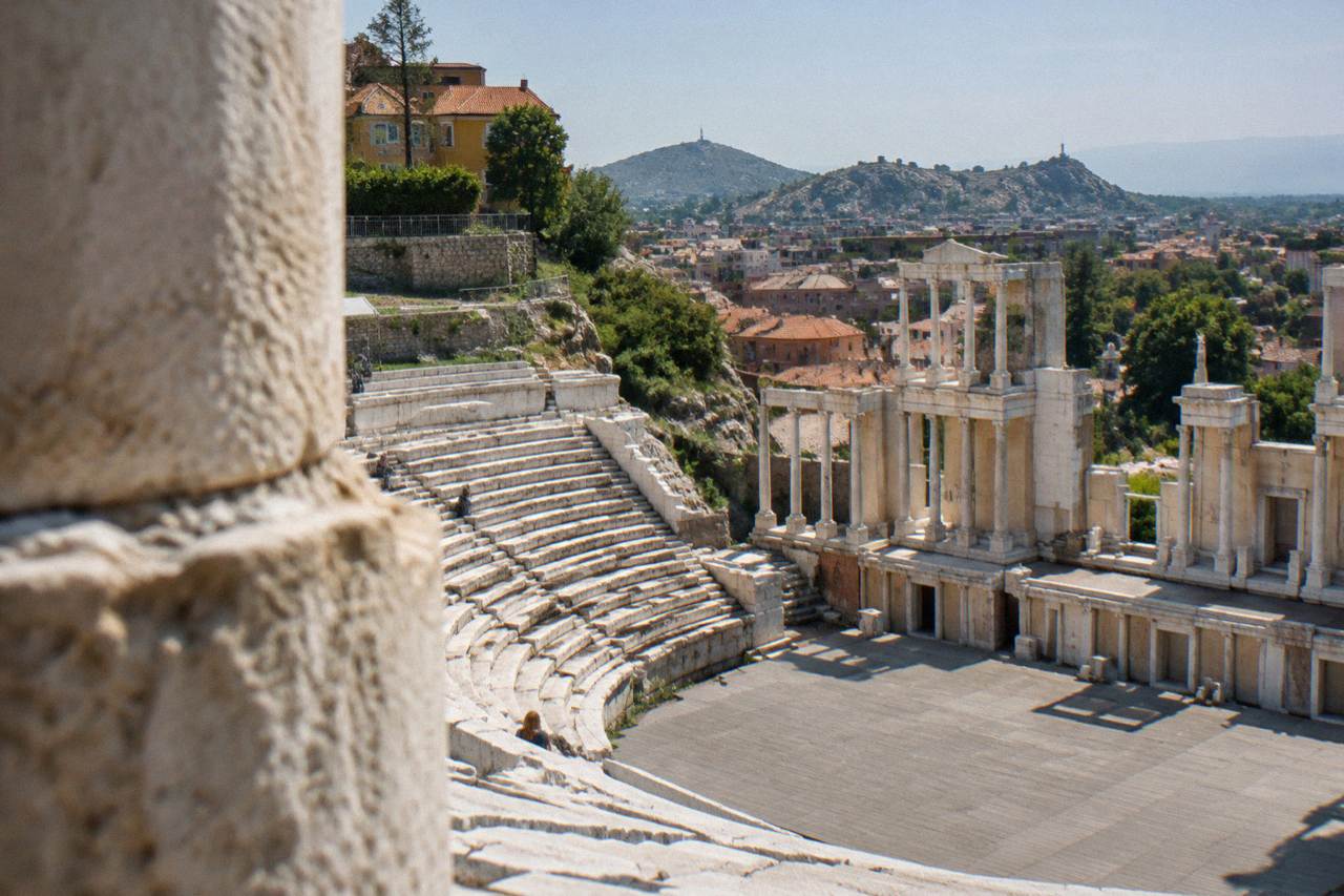 Marble seats of the Ancient Theatre of Philippopolis in Plovdiv under an open sky
