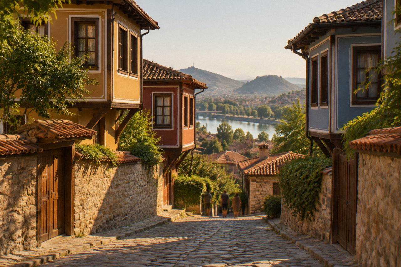 Cobblestone street in Plovdiv Old Town with colourful revival-era houses under a clear sky