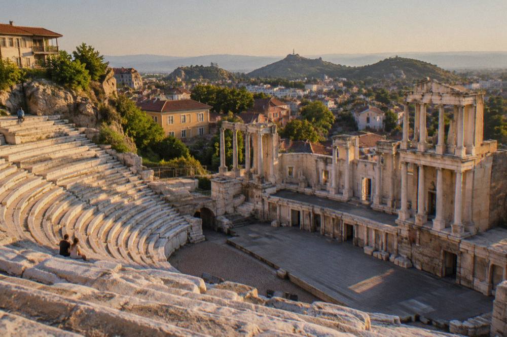 The stone seating rows of the Ancient Theatre of Philippopolis in warm evening light