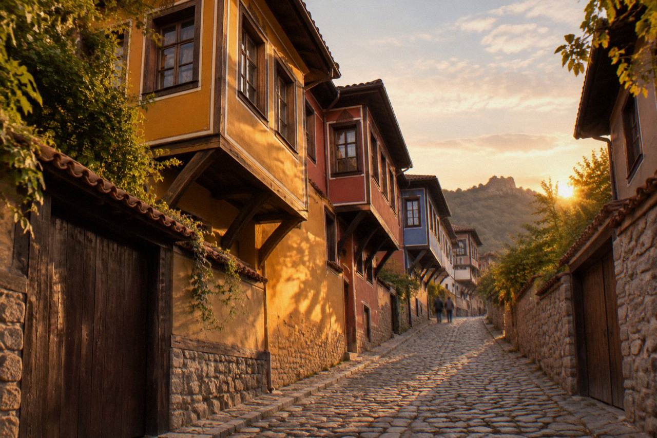 Pastel-coloured National Revival houses on a cobbled street in Plovdiv Old Town under an evening sky