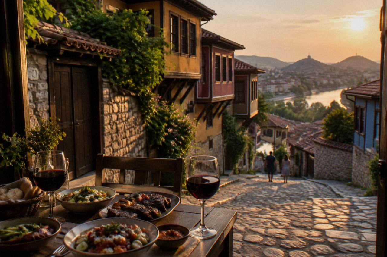 An evening table set with salads, grilled meat and glasses of wine on a cobbled street in Plovdiv