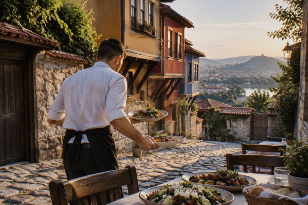 A waiter carrying plates of salad and grilled dishes to a table outside a restaurant in Plovdiv at dusk