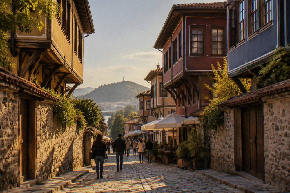 Visitors walking along the pedestrian main street of Plovdiv past shops and cafes