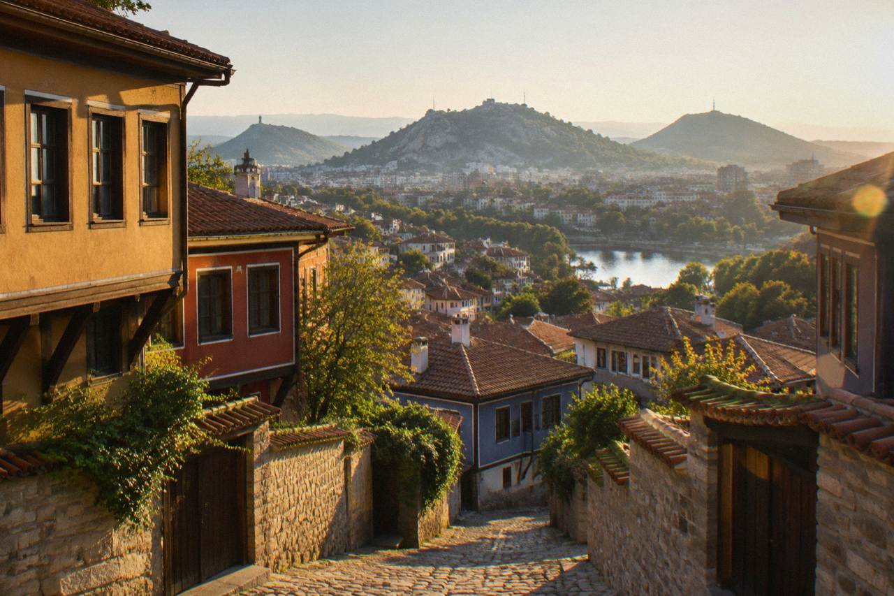 View over Plovdiv old town rooftops with hills rising behind the city