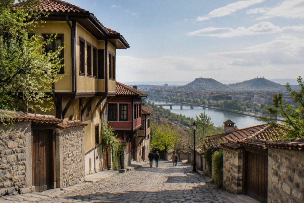 Maritsa river flowing past Plovdiv with city buildings and hills on the far bank