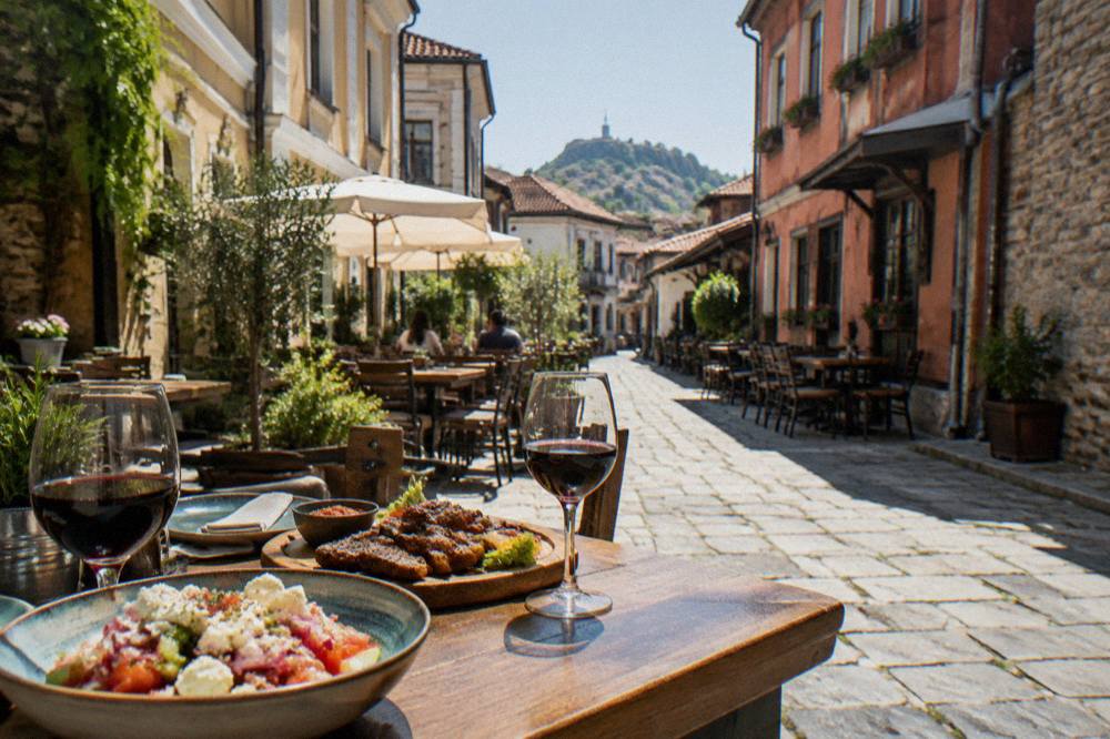 A table with a Bulgarian salad, grilled meat and glasses of red wine on a terrace