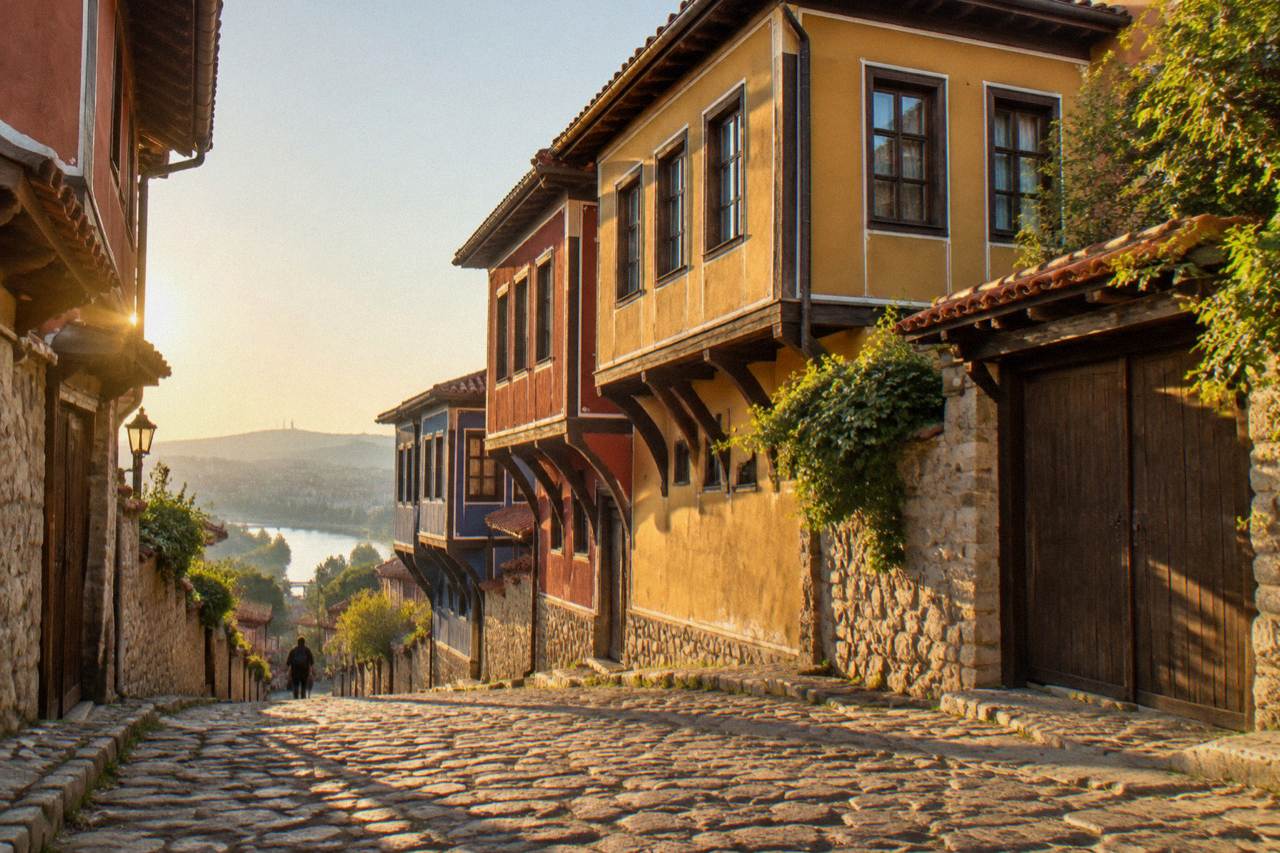 Colourful revival-era houses on a sloping Old Town street in Plovdiv at golden hour