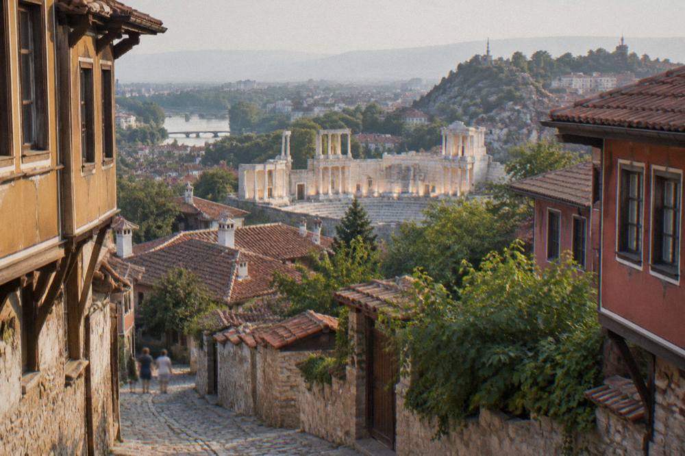 Evening view over tiled rooftops of Plovdiv toward the illuminated Ancient Theatre