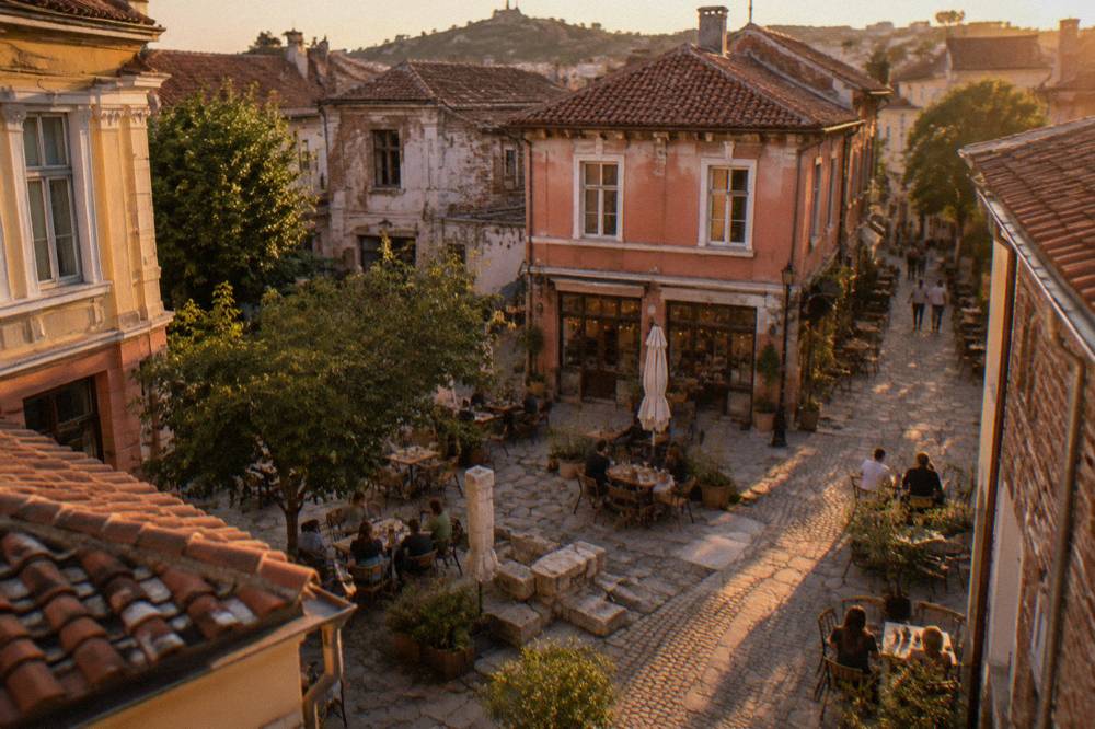 People sitting at outdoor cafe tables on a small square in Kapana in the evening