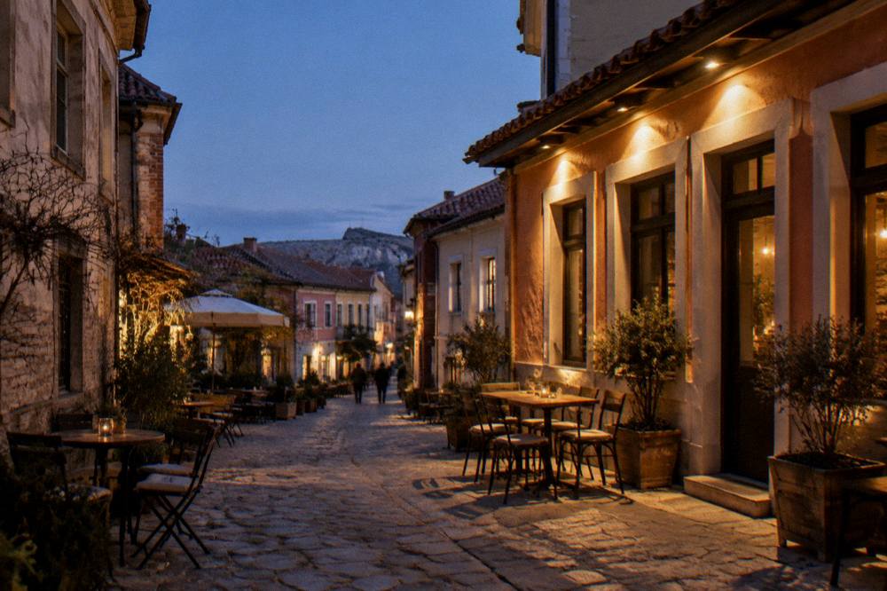 Lit facade of a small venue in a narrow Kapana street at night