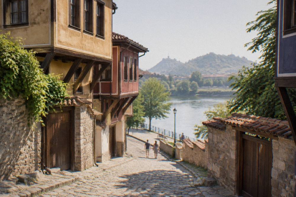 A riverside path on the north bank with the hills of central Plovdiv across the water