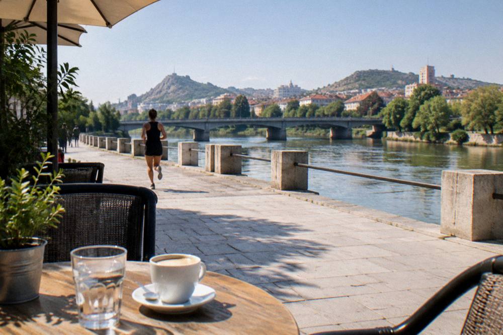 A riverside cafe table with the bridge and city skyline in the background