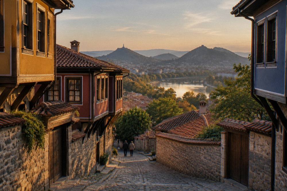 Late afternoon sun on the Maritsa with the hills of Plovdiv in warm light