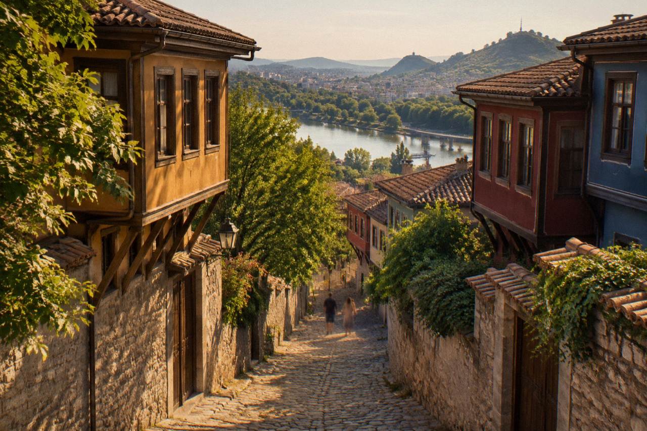 Quiet tree-lined street with early twentieth-century houses in a central Plovdiv quarter