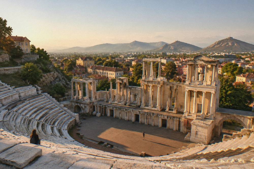 Marble rows of the Ancient Theatre of Philippopolis seen from the upper seating