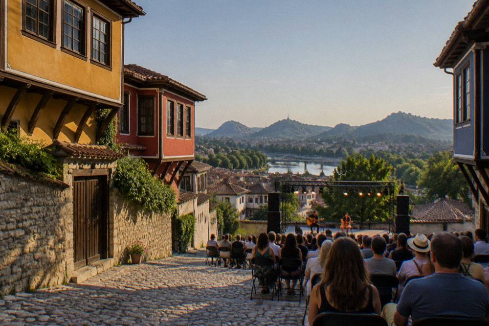 Outdoor stage lights and audience at an evening event in central Plovdiv