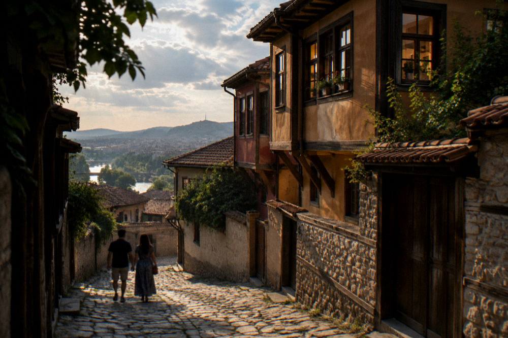 Couple walking an evening lane in central Plovdiv with lit windows above