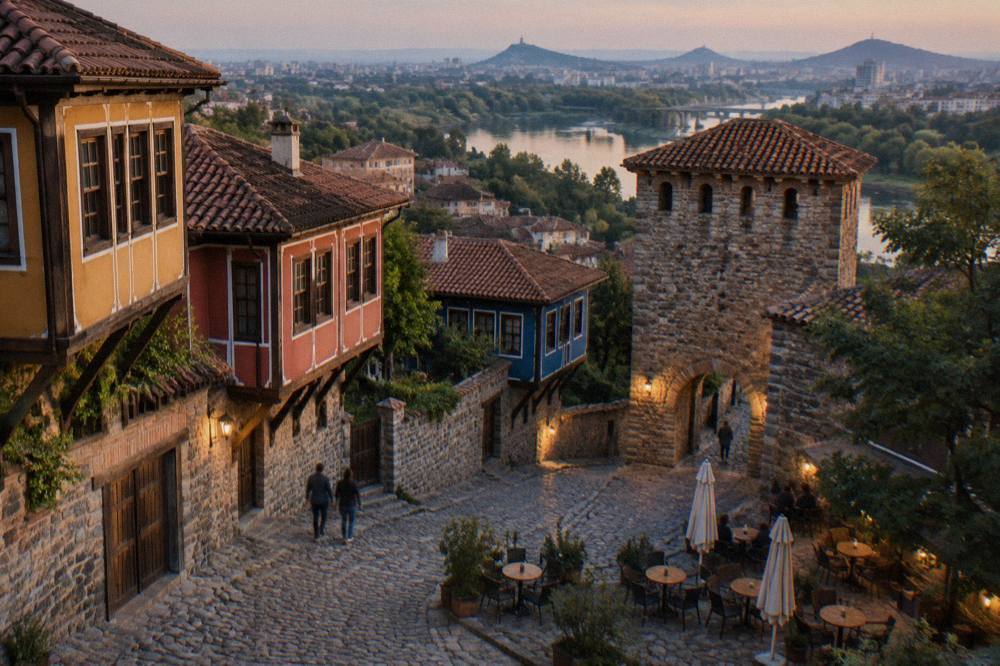 Cobblestone square in Plovdiv with an old stone gate tower and cafe tables