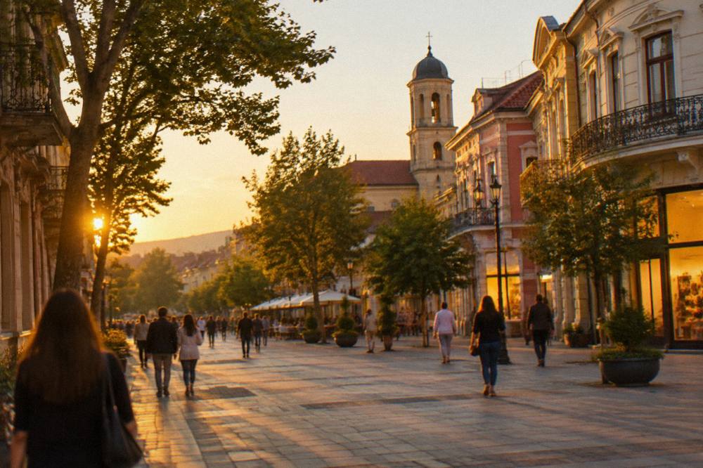 Evening crowds on a pedestrian street with illuminated shopfronts and a church tower behind
