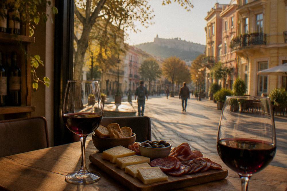 A table with glasses of red wine, cheese board and cured meats in a small city-centre tasting room