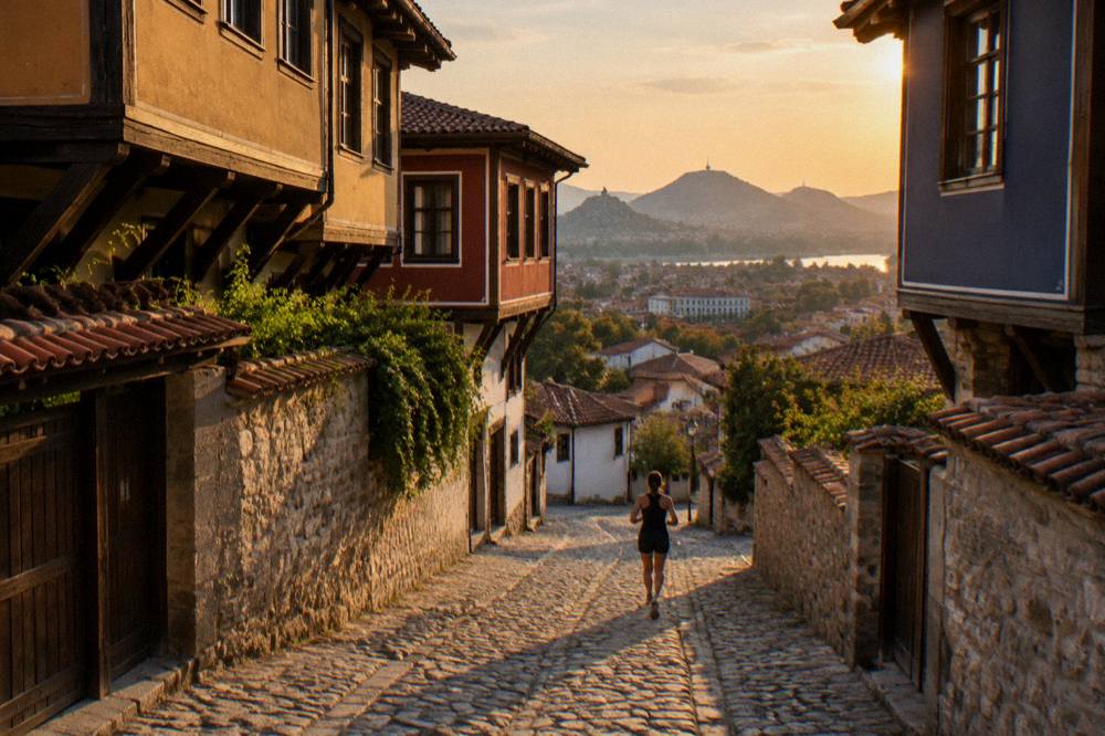 A view across red rooftops of Plovdiv toward distant hills at sunset