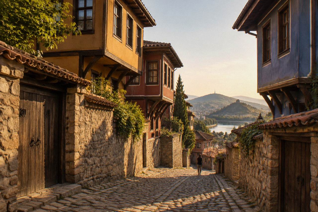 Cobbled street lined with colourful revival-era houses on a hillside in Plovdiv Old Town