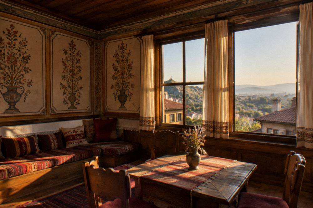 Interior of a Revival house with patterned painted walls and wooden ceiling