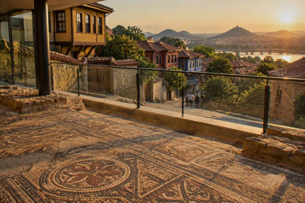 Roman mosaic floor viewed from an elevated walkway inside a modern visitor centre