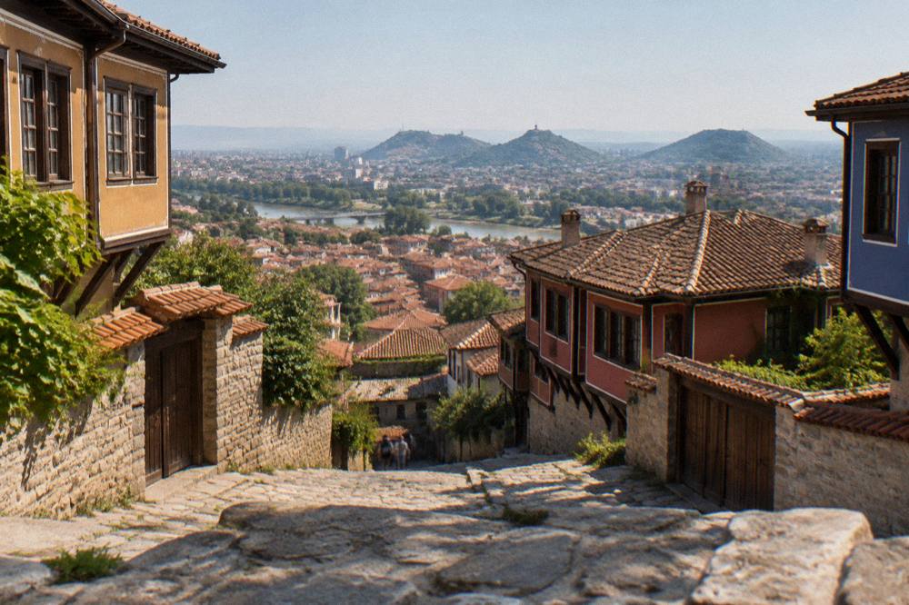 Panorama over red rooftops and the plain beyond from the top of Nebet Tepe