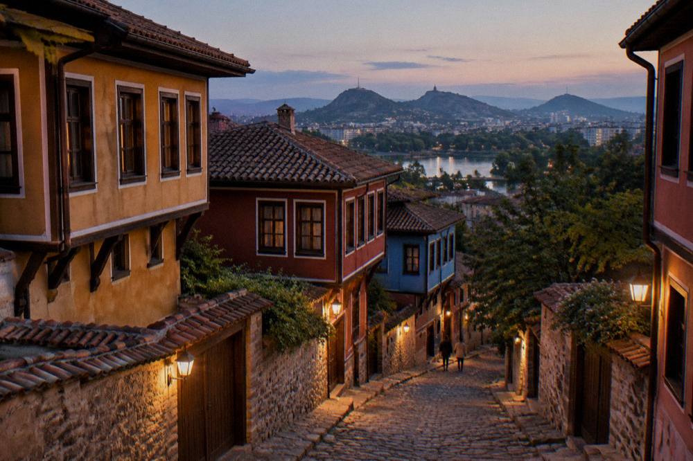 Warm evening light on a cobbled lane with lanterns and old house facades