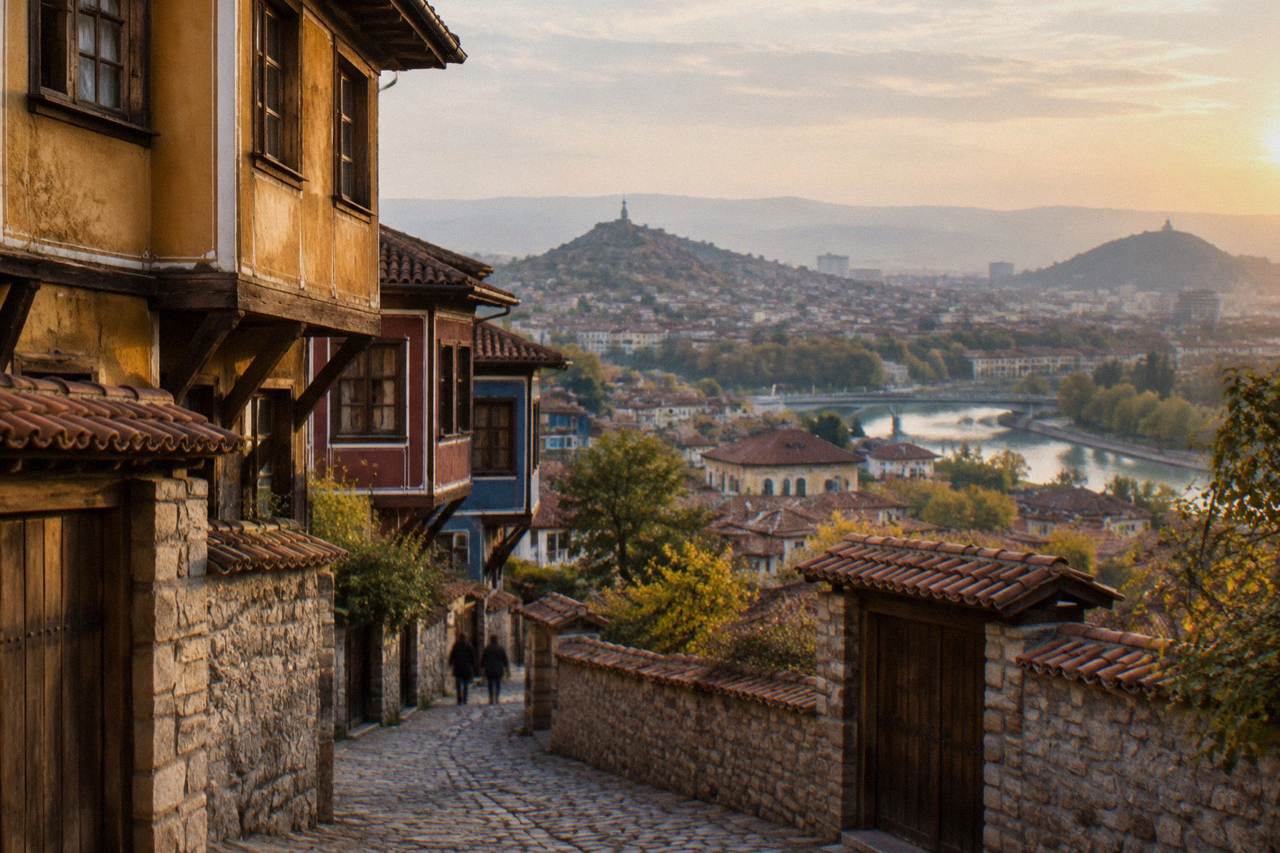 View over the rooftops of Plovdiv from one of its hills at golden hour